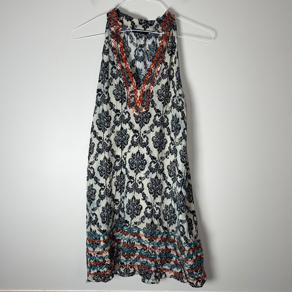 Boho V-Neck Printed Maxi Dress in White and Black with Teal & Coral Trim